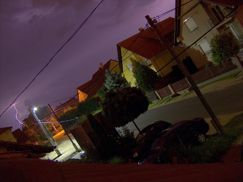 Lightning over a residential street