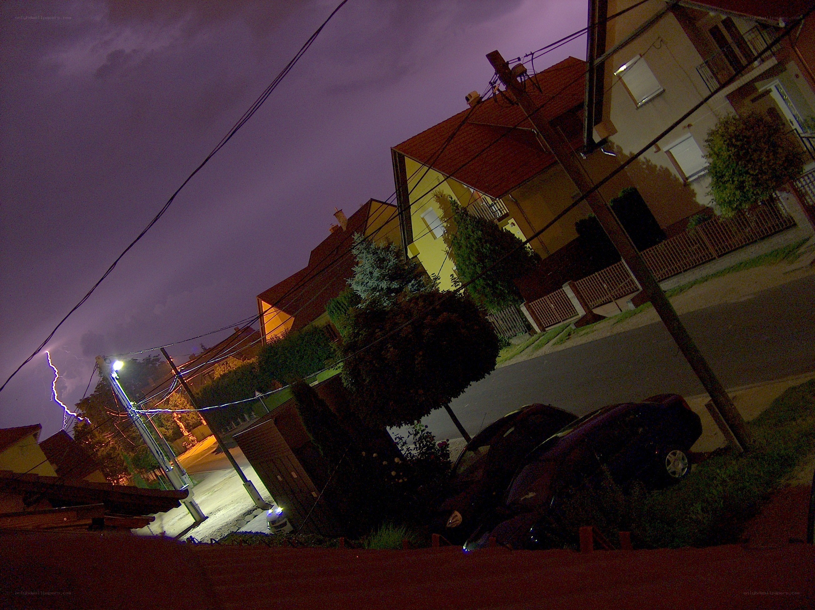 Lightning over a residential street