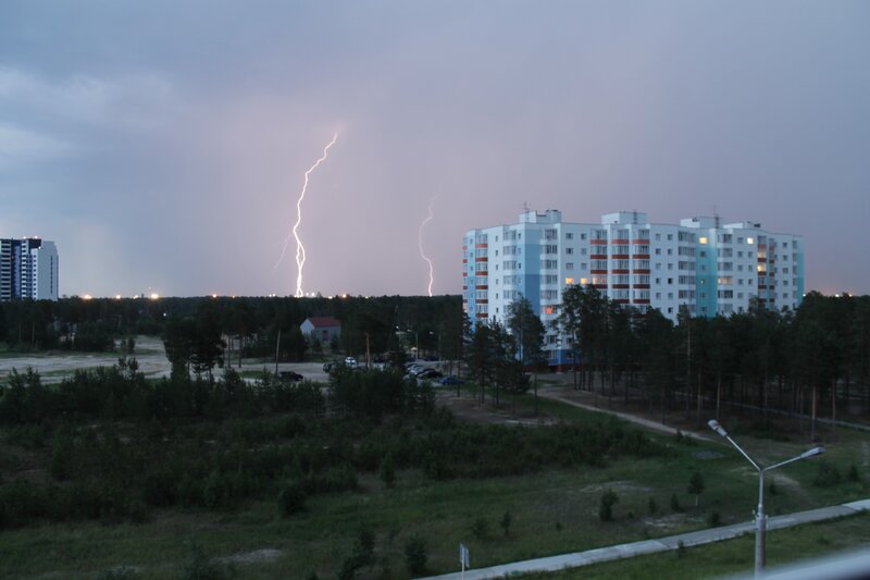 Lightning over apartment buildings