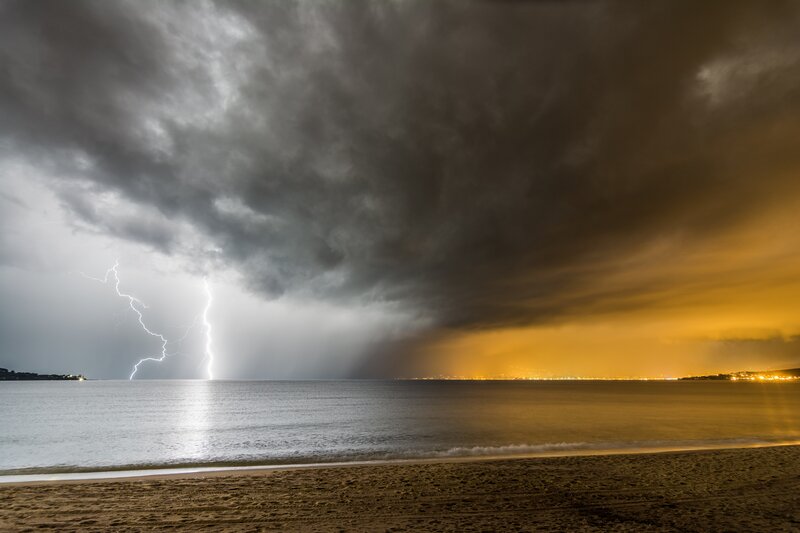Lightning over Beach — Gray, Dramatic, Night
