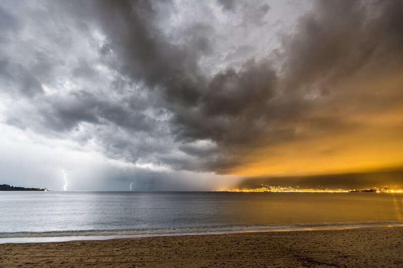 Lightning over Beach — Gray, Dramatic