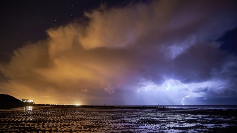 Lightning over Beach — Purple, Dramatic