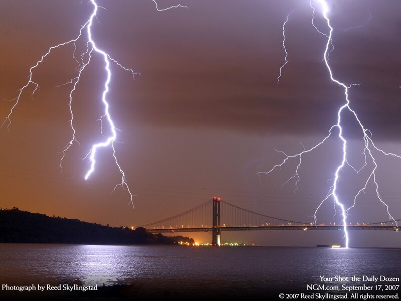 Lightning over Bridge — Purple, Dramatic, Night