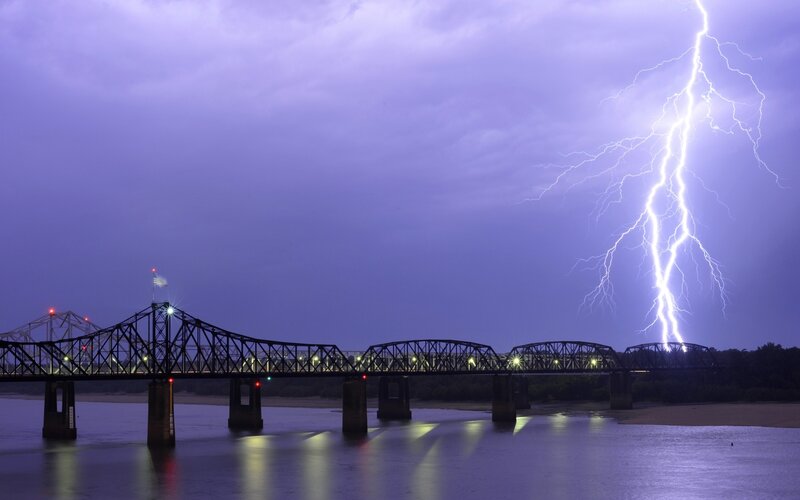 Lightning over Bridge — Purple, Dramatic