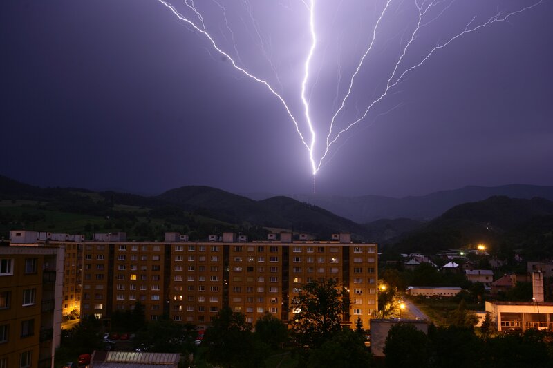 Lightning over Buildings — Purple, Dramatic, Night