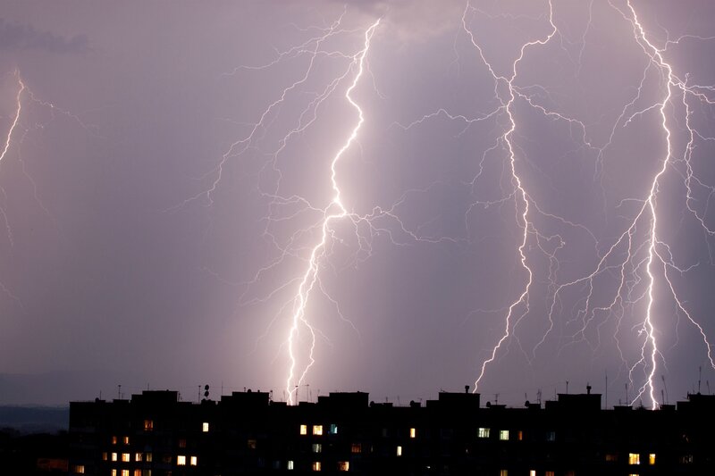 Lightning over Buildings — Purple, Dramatic