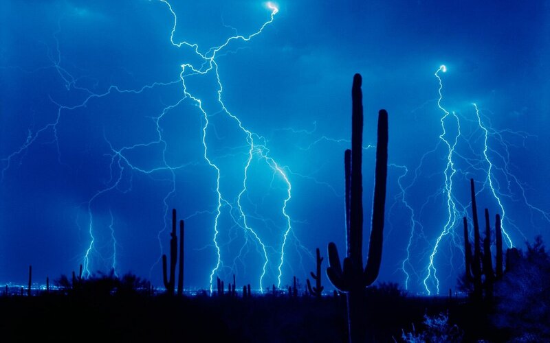 Lightning over Cacti — Blue, Dramatic, Night
