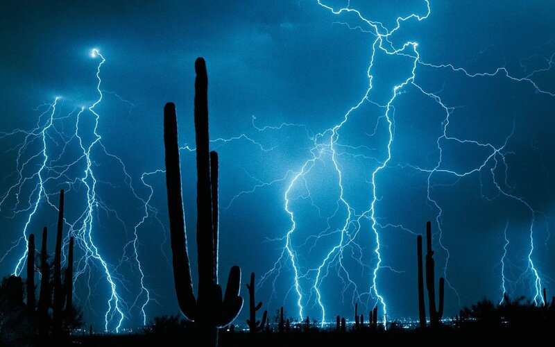 Lightning over Cacti — Blue, Dramatic