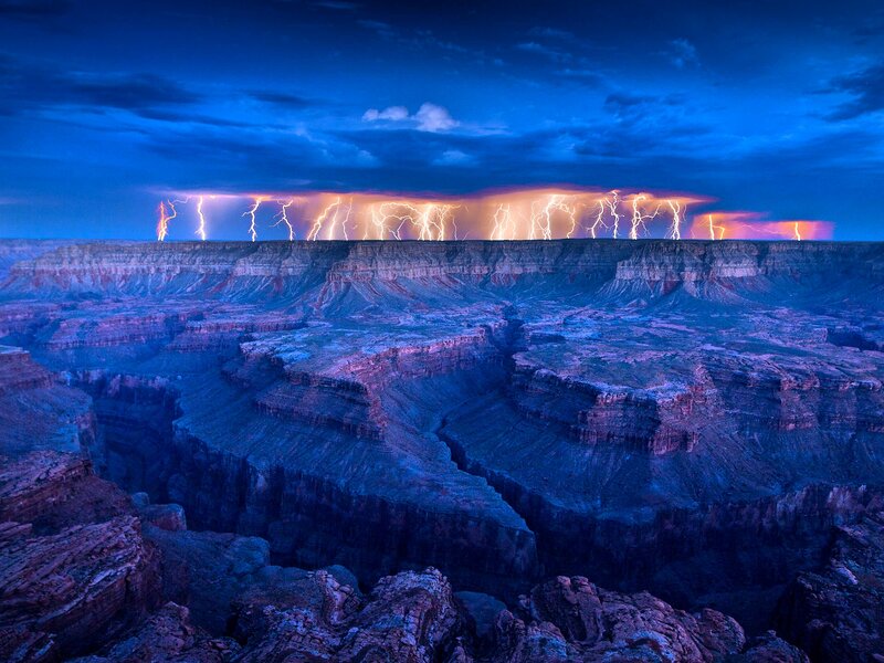 Lightning over Canyon — Blue, Dramatic, Night, Photograph, Clouds