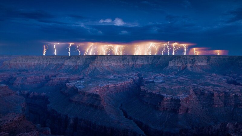 Lightning over Canyon — Blue, Dramatic, Night, Photograph, Storm, Clouds, Purple