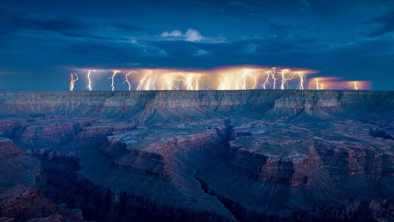 Lightning over Canyon — Blue, Dramatic, Night, Photograph, Storm