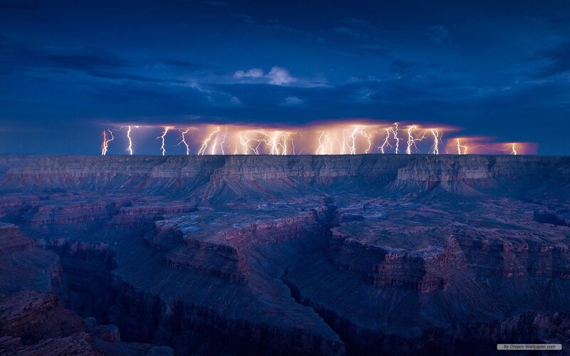 Lightning over Canyon — Blue, Dramatic, Night, Photograph