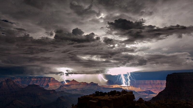Lightning over Canyon — Gray, Dramatic, Night
