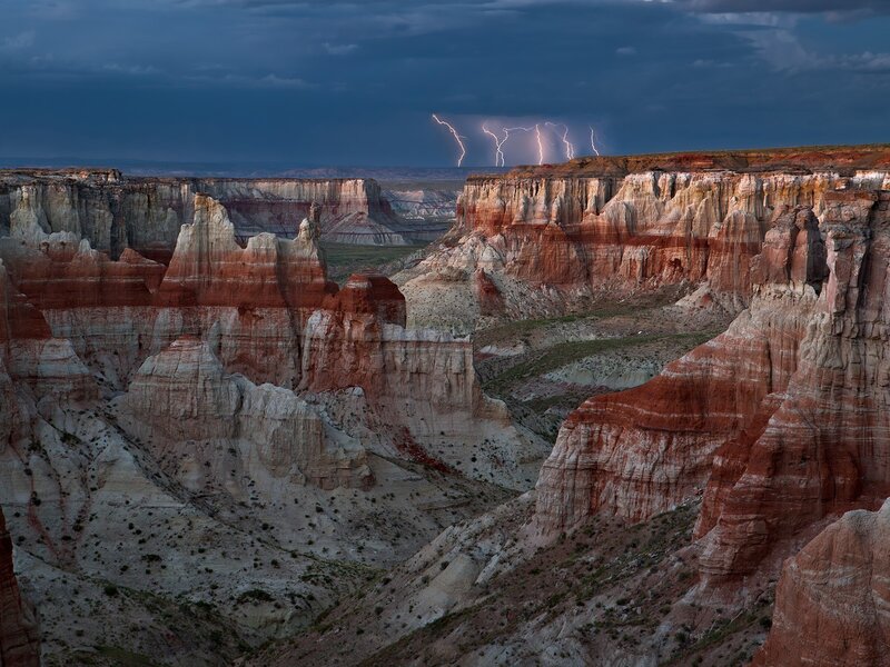 Lightning over Canyon — Red, Dramatic, Night, Photograph, Storm Clouds