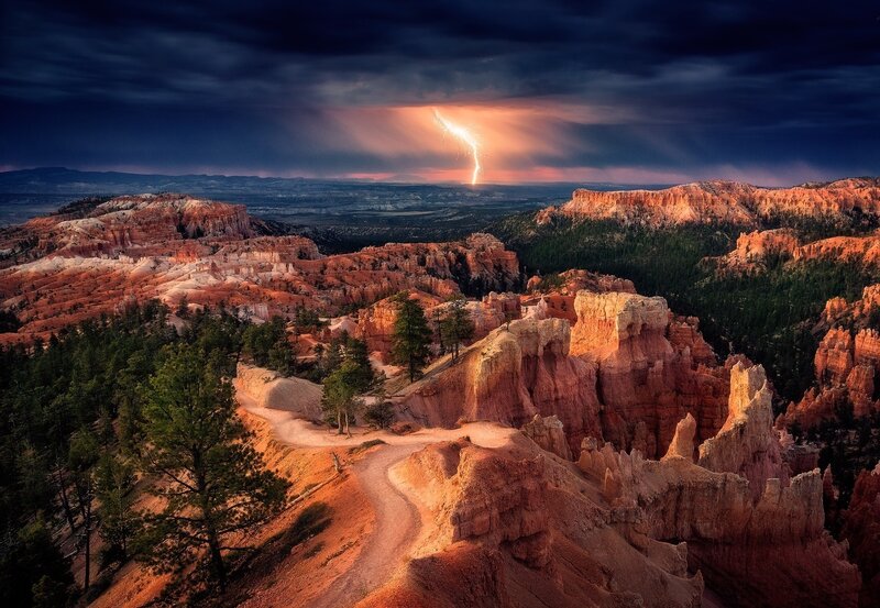 Lightning over Canyon — Red, Dramatic, Night, Photograph