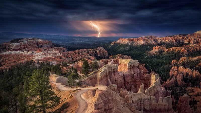 Lightning over Canyon — Red, Dramatic, Night, Photograph, Trees