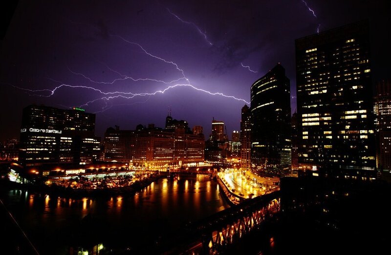 Lightning over Chicago skyline