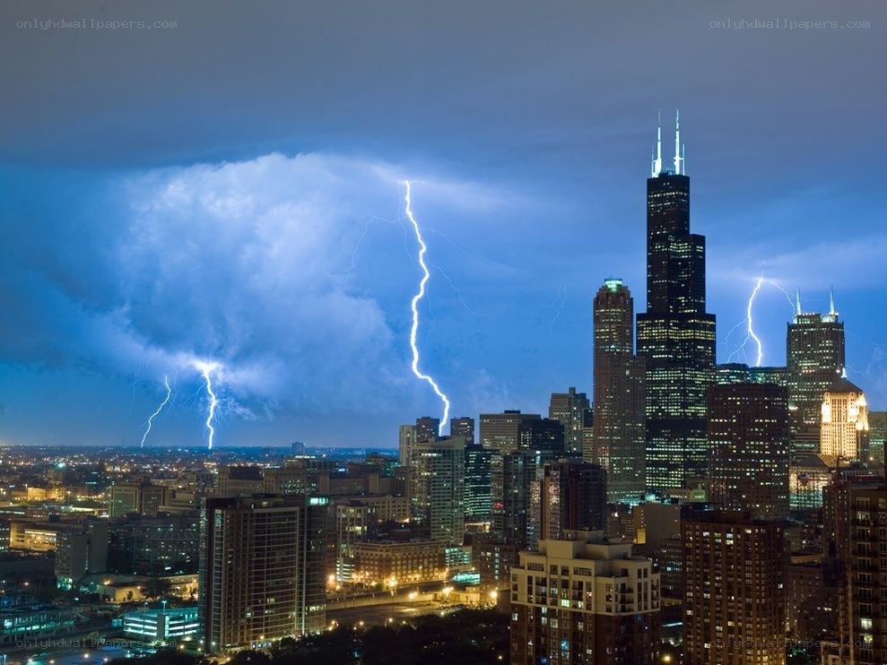 Lightning over Chicago skyline