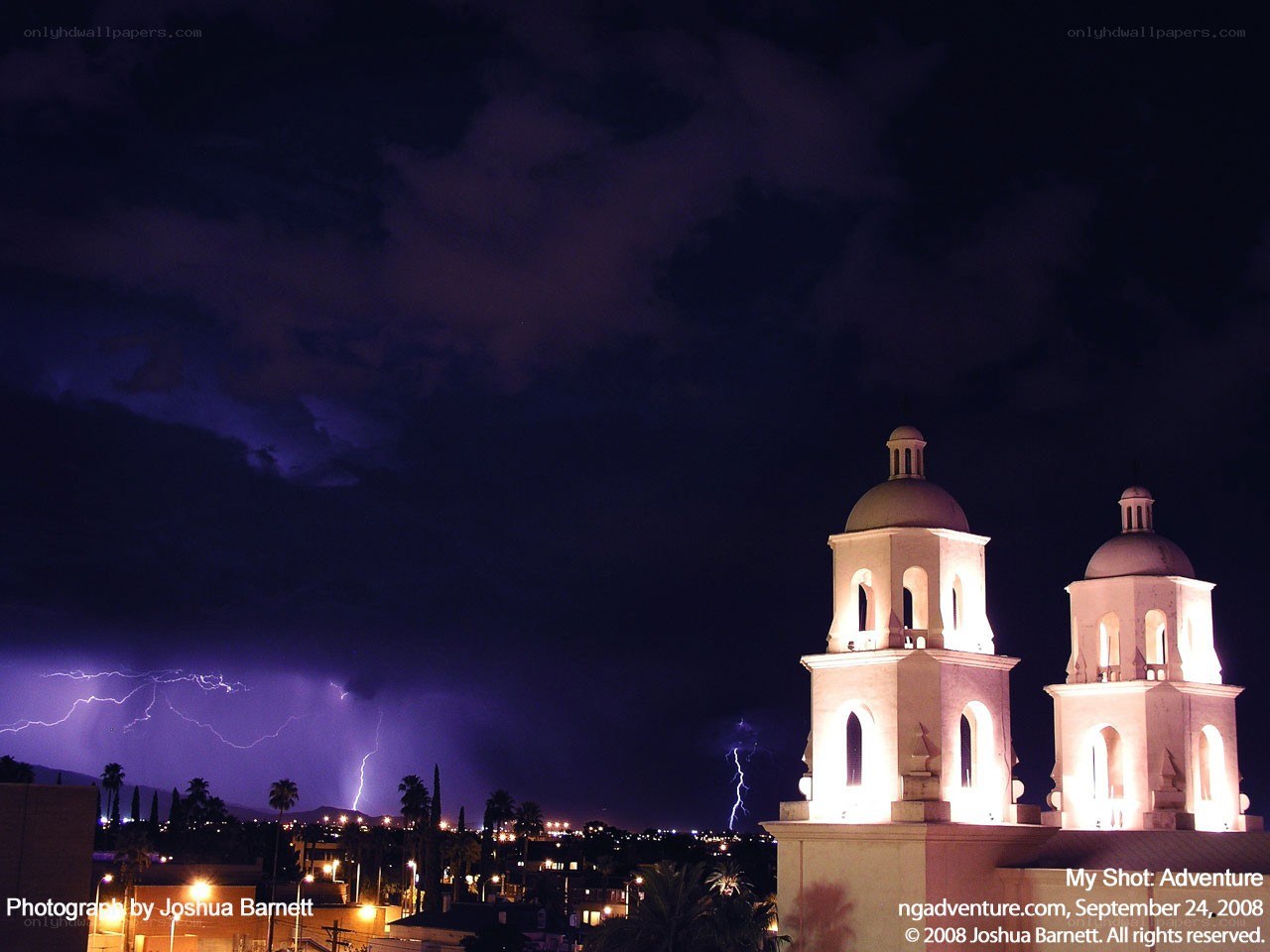 Lightning over church towers