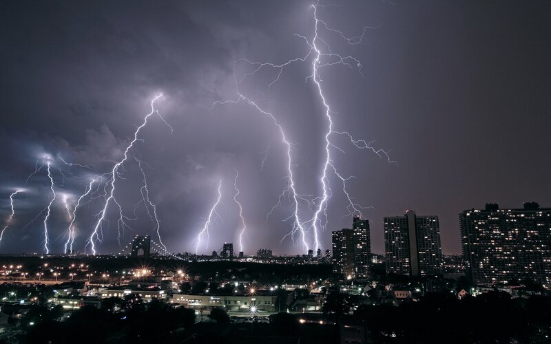 Lightning over City — Black, Dramatic, Night, Photograph, Buildings, Bridge, Sky