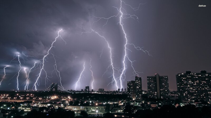 Lightning over City — Black, Dramatic, Night, Photograph, Buildings, Bridge