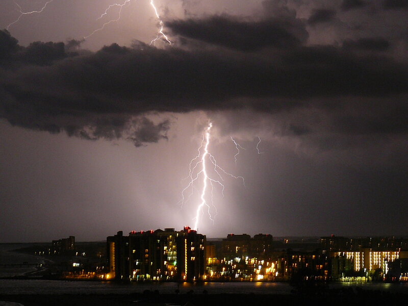 Lightning over City — Black, Dramatic, Night, Photograph, Buildings