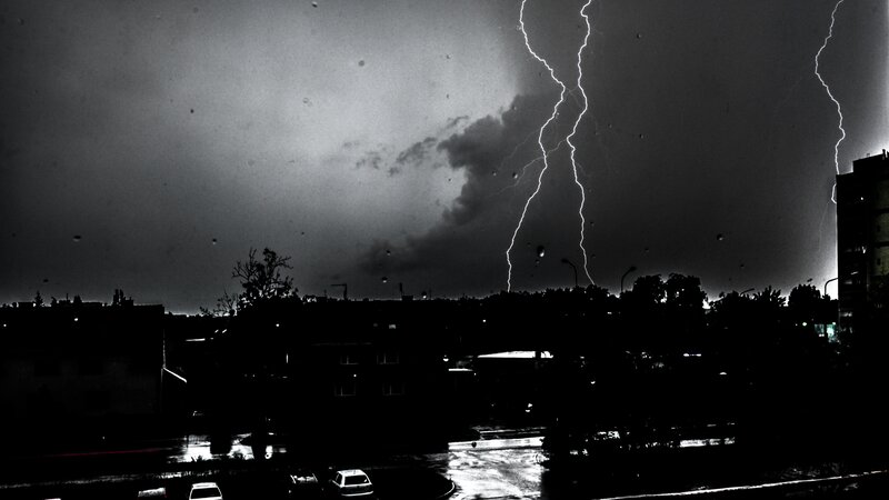 Lightning over City — Black, Dramatic, Night, Photograph, Buildings, Trees