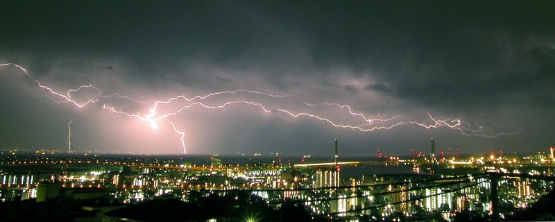 Lightning over City — Black, Dramatic, Night, Photograph, City Lights, Storm Clouds, Power Lines, White