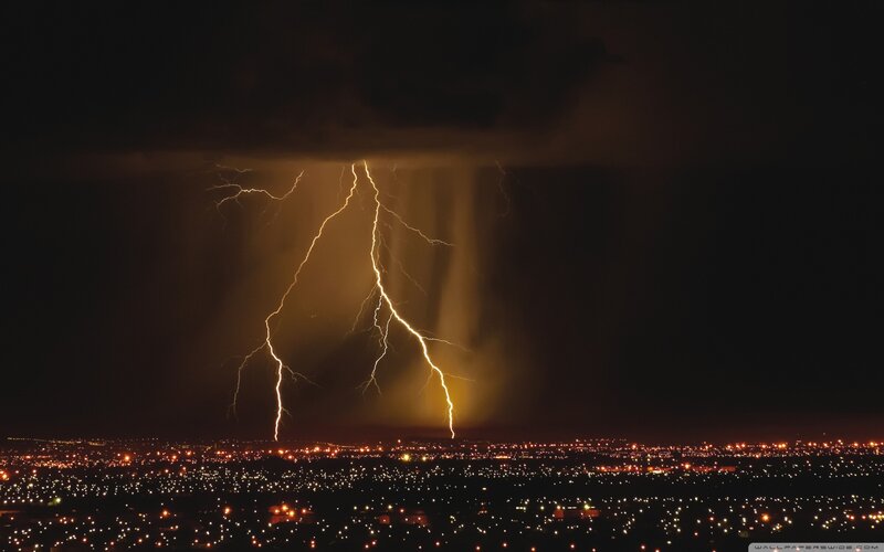 Lightning over City — Black, Dramatic, Night, Photograph, City Lights, Storm Clouds