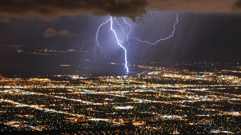Lightning over City — Black, Dramatic, Night, Photograph, City Lights, Storm Clouds, Thunderstorm