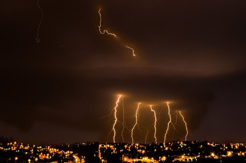 Lightning over City — Black, Dramatic, Night, Photograph, City Lights, Storm Clouds, Thunderstorms