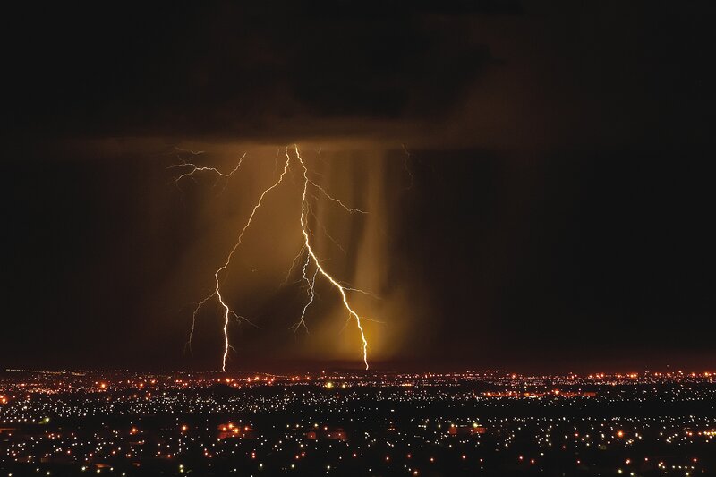 Lightning over City — Black, Dramatic, Night, Photograph, City Lights