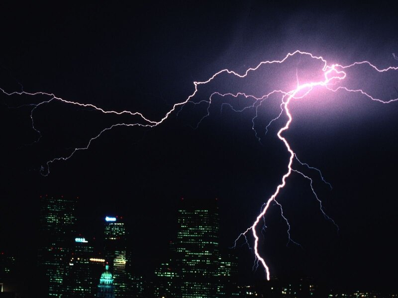 Lightning over City — Black, Dramatic, Night, Photograph, City Skyline, Buildings