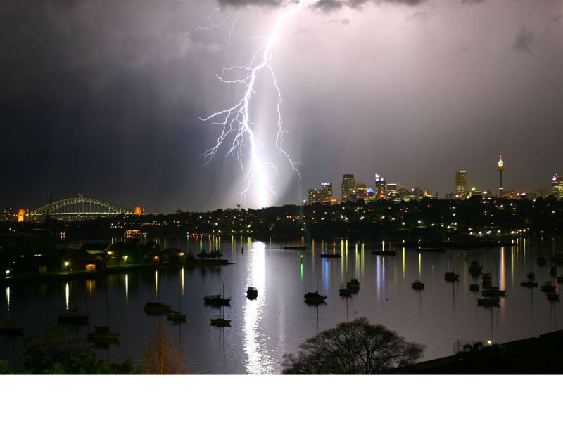 Lightning over City — Black, Dramatic, Night, Photograph, City Skyline