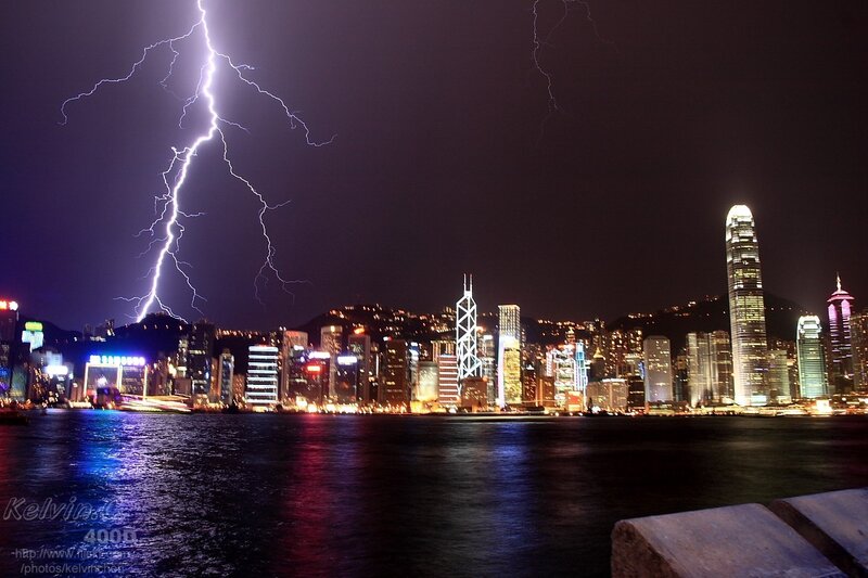 Lightning over City — Black, Dramatic, Night, Photograph, Skyscraper, Water