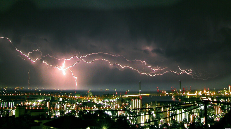 Lightning over City — Black, Dramatic, Night, Photograph, Storm