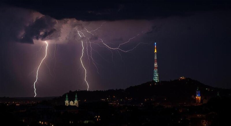 Lightning over City — Black, Dramatic, Night, Photograph, Tower
