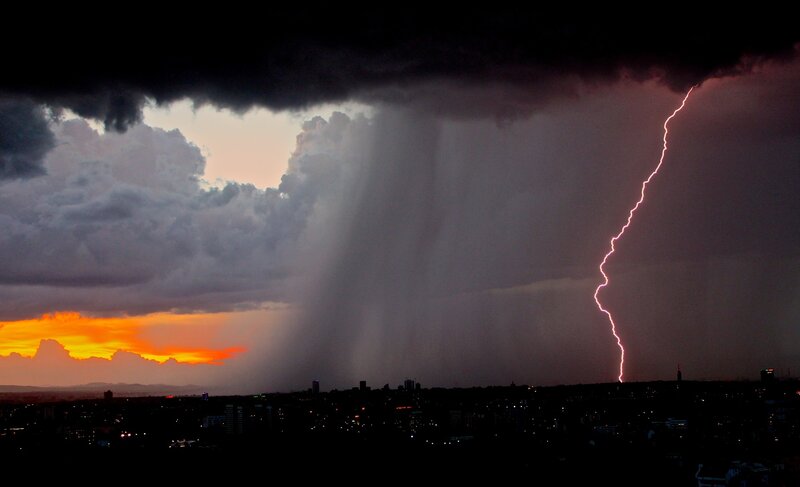 Lightning over City — Black, Dramatic, Sunset