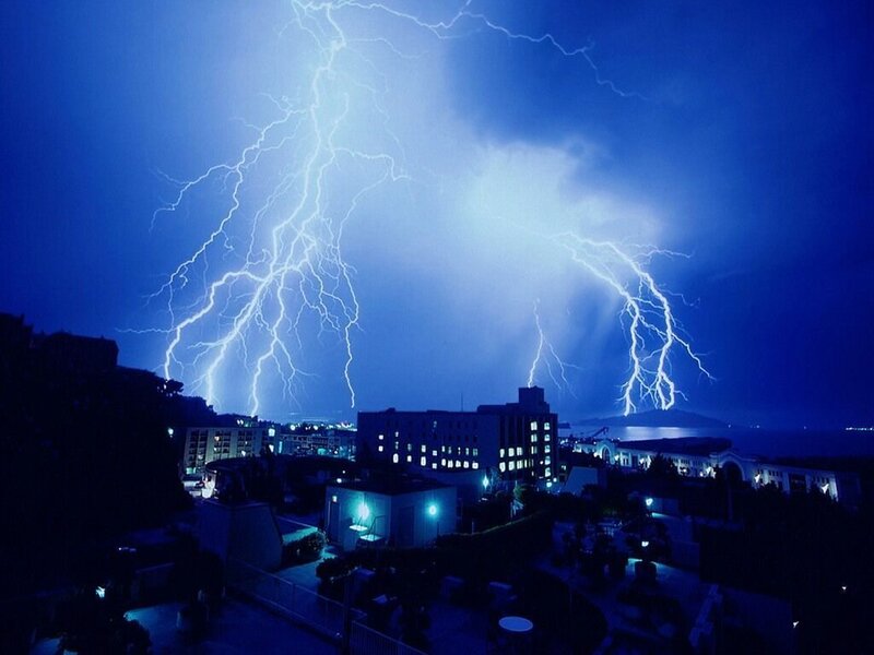 Lightning over City — Blue, Dramatic, Night, Photograph, Buildings, Clouds