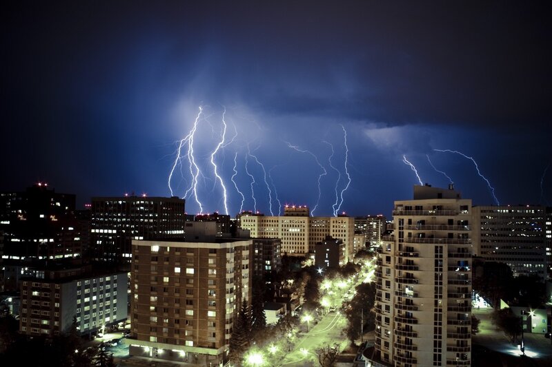 Lightning over City — Blue, Dramatic, Night, Photograph, Buildings