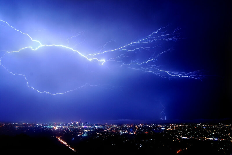 Lightning over City — Blue, Dramatic, Night, Photograph, City Lights, Sky