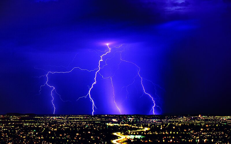 Lightning over City — Blue, Dramatic, Night, Photograph, City Lights, Storm Clouds