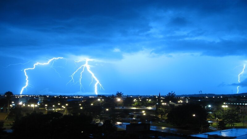 Lightning over City — Blue, Dramatic, Night, Photograph, City Lights