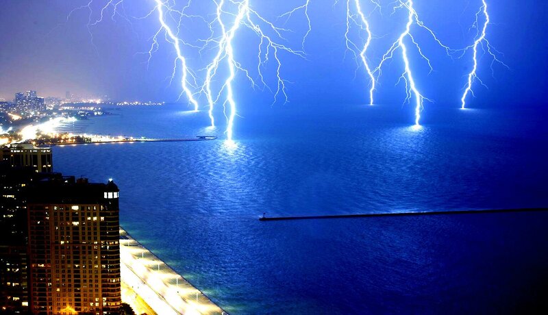 Lightning over City — Blue, Dramatic, Night, Photograph, Lake