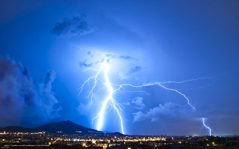 Lightning over City — Blue, Dramatic, Night, Photograph, Mountain