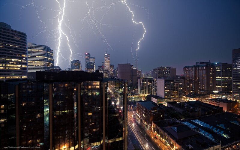 Lightning over City — Blue, Dramatic, Night, Photograph, Skyscraper