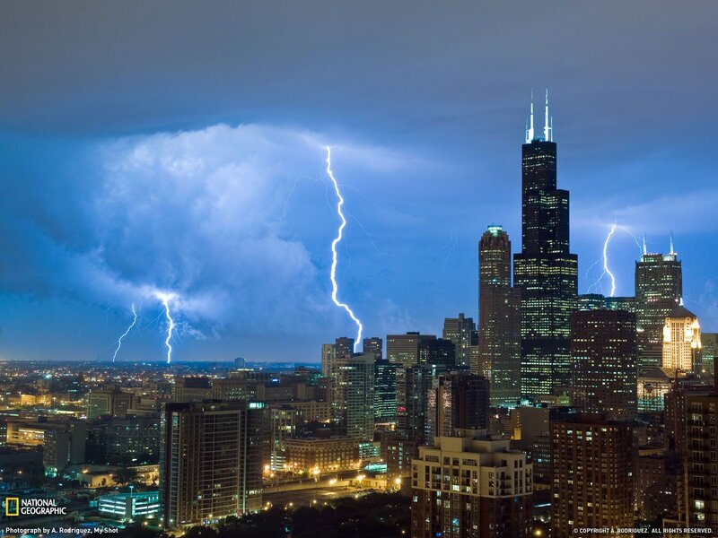 Lightning over City — Blue, Dramatic, Night, Photograph, Skyscrapers