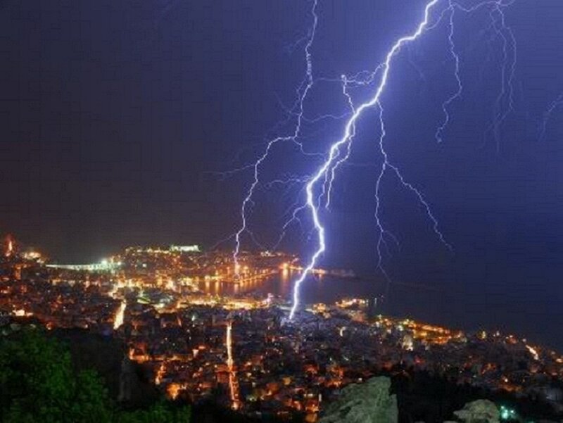 Lightning over City — Blue, Dramatic, Night, Photograph