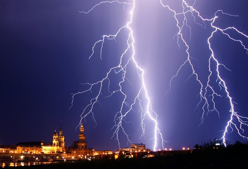 Lightning over City — Blue, Dramatic, Night