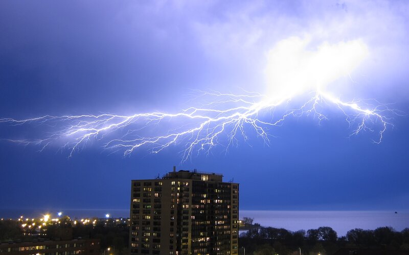 Lightning over City — Blue, Dramatic